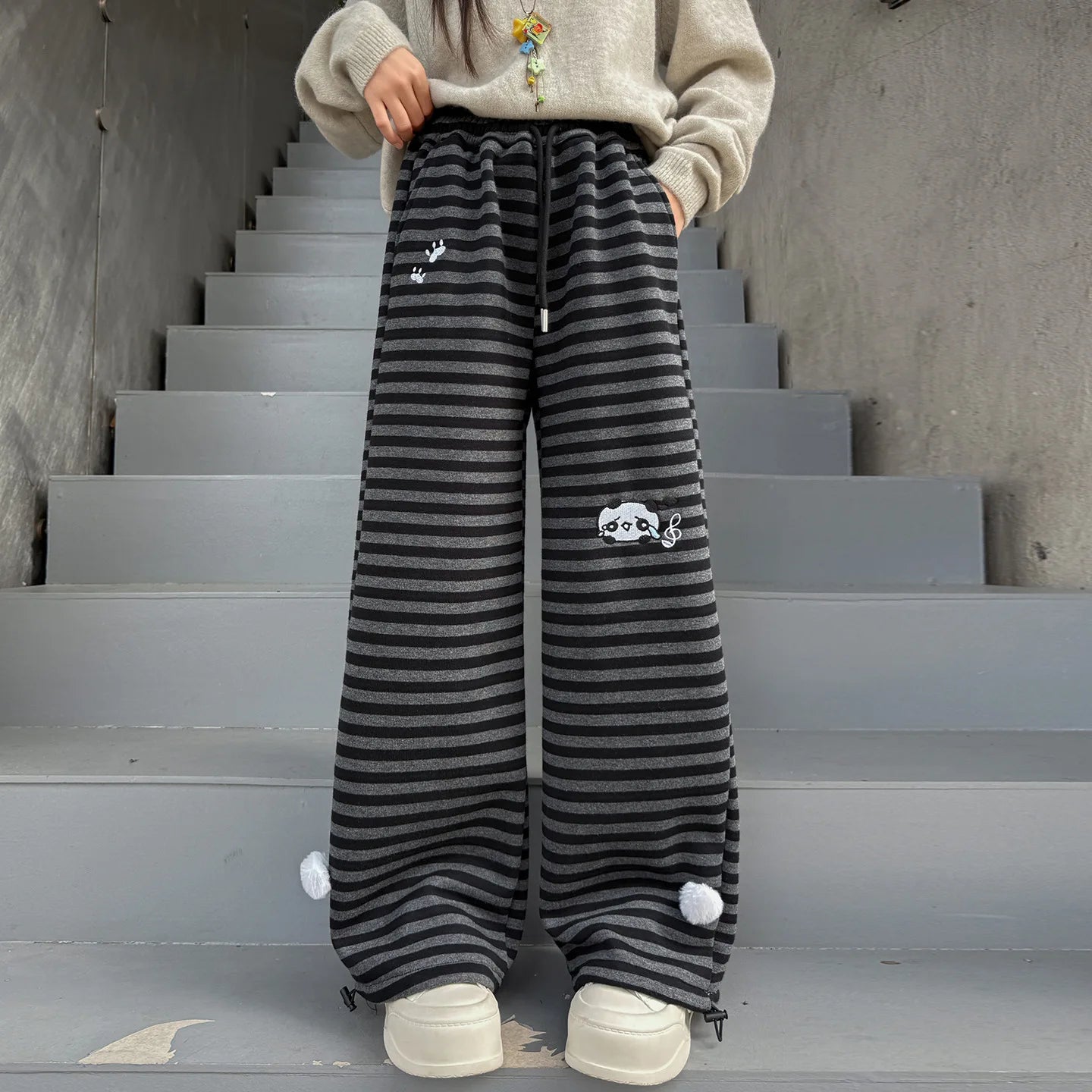 Harajuku Cartoon Embroidery Pants Women Kawaii Striped Loose Korean Trouser Shorts Y2K Subculture Vintage Female Wide Leg Pants