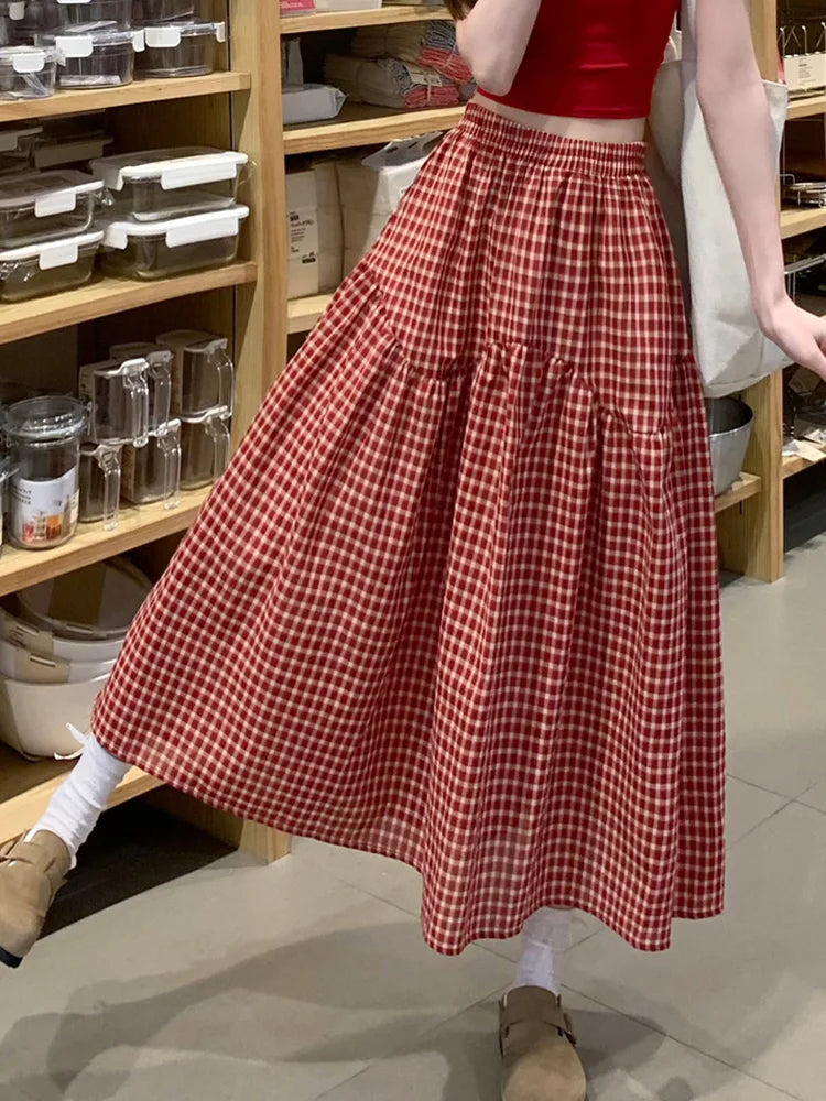 Women Sweet Plaid Long Skirt Summer Loose High Waist Vintage A Line Skirts Casual Retro Korean Preppy Style Cute Long Skirts New