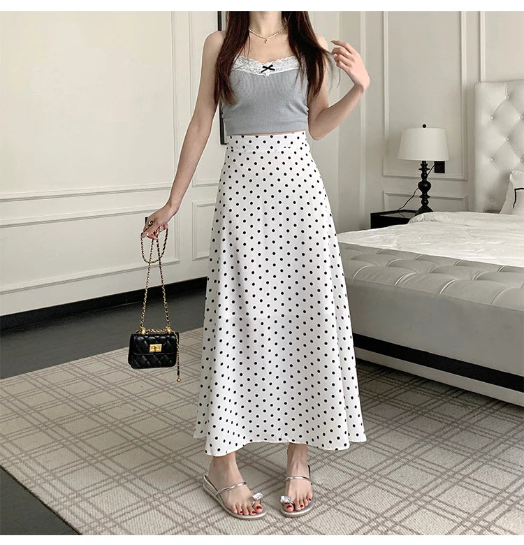 Black White Polka Dot Chiffon Long Skirts For Women Spring Summer High Waist A-line Skirt Korean Style Elegant Vintage Skirt