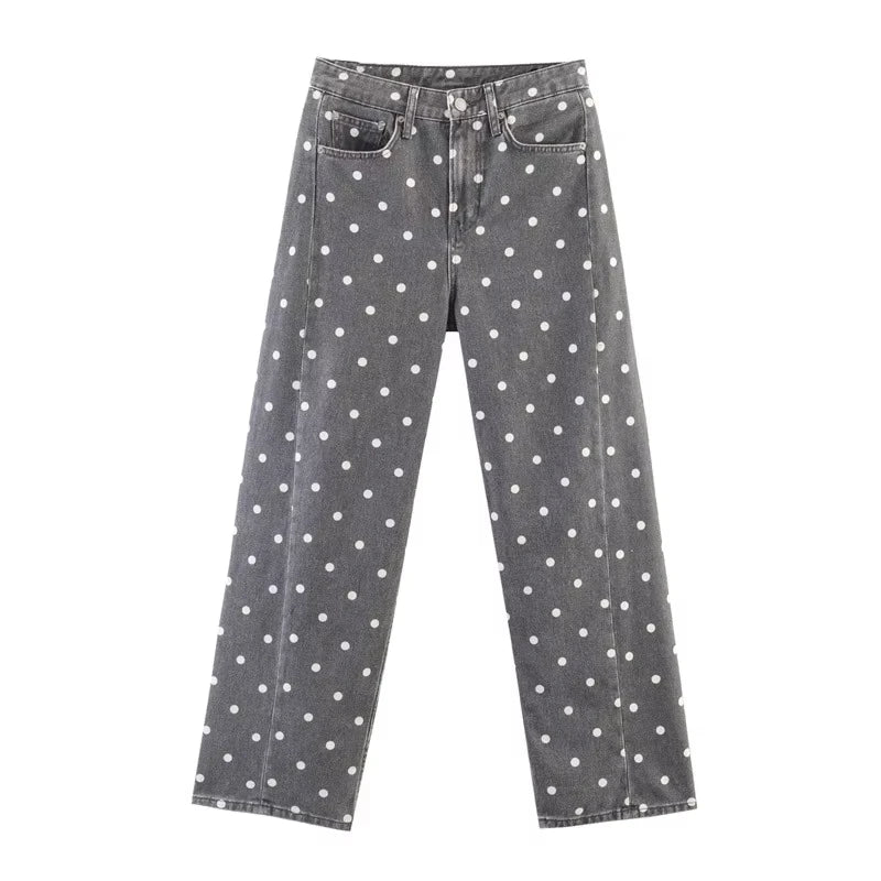 HH Women Fashion Polka Dot Grey Jeans High Waist Straight Denim Pants Spring Autumn Woman Casual Street Commuter Chic Trousers