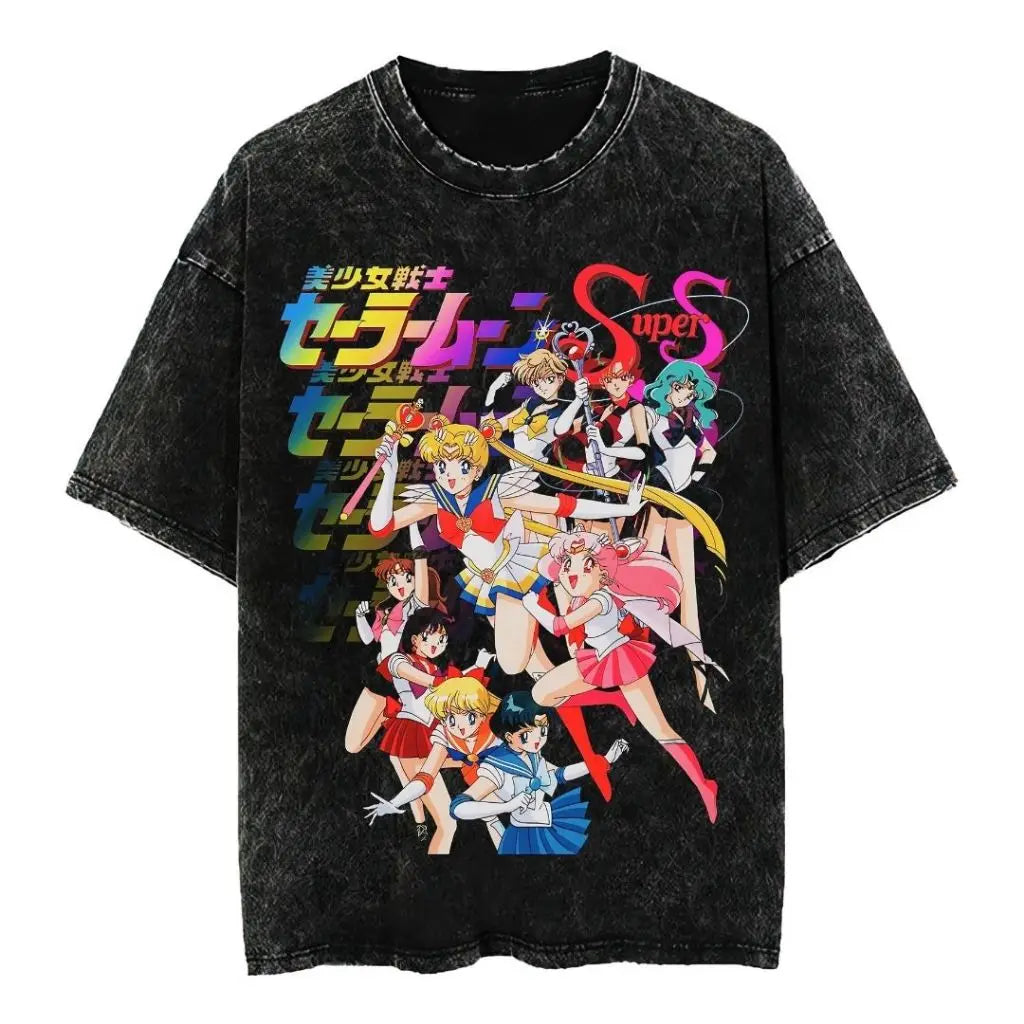 2026 New Arrival Women Sailor Moon 100% Pure Cotton Washed Retro T-shirt Summer Y2K Street Fashion Tops