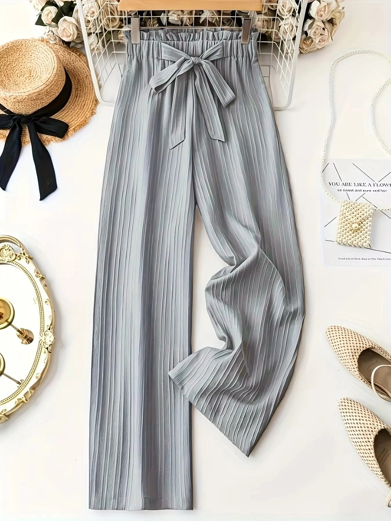 Dusty Blue Pleated Tie-Waist Wide Leg Pants, High Waist Ruffle...