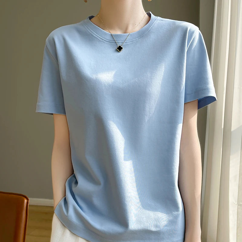 High-End Cool Mercerized Cotton Short-Sleeved T-shirt Women's Solid Color Half Sleeve Bottoming T-Shirt Top