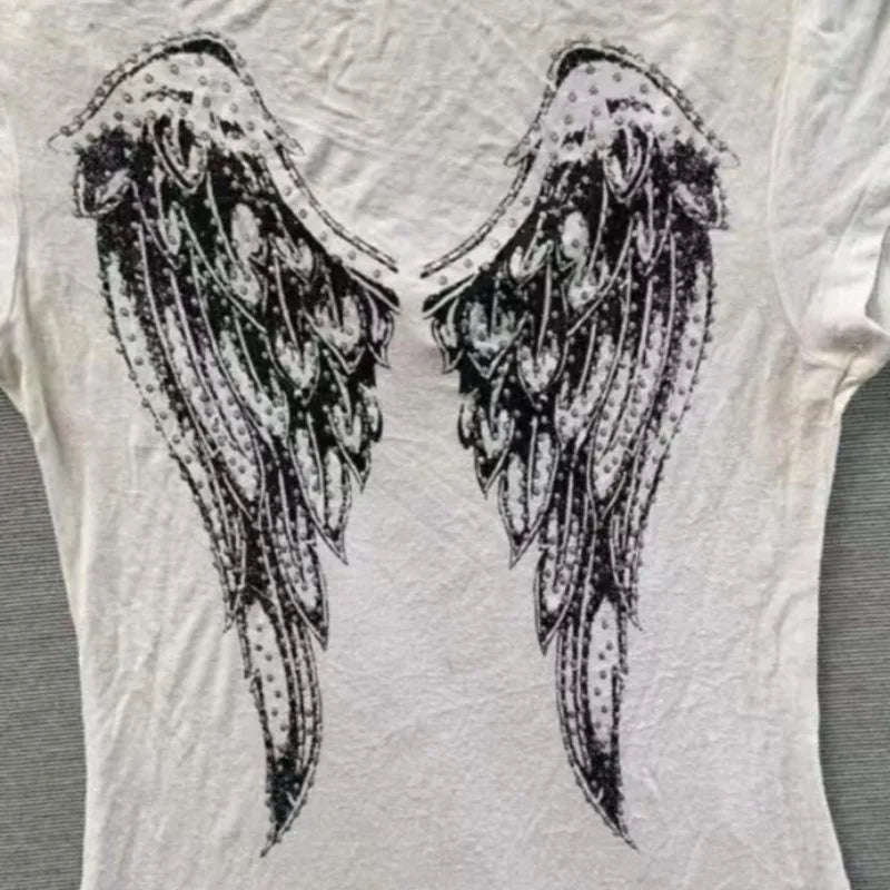 American vintage distressed printed T-shirt, Harajuku style slim short-sleeve T-shirt, punk high street trendy women's top