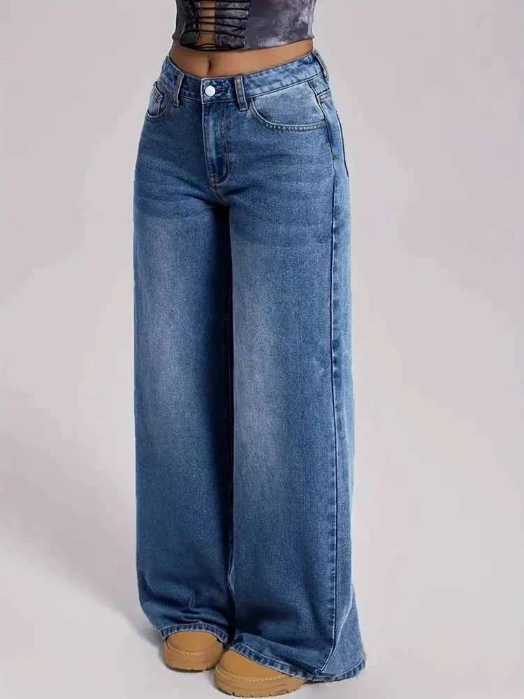 2026 New Vintage Loose Wide Leg Denim Jeans For Women Trendy Casual Versatile Retro Blue Floor-Length Pants