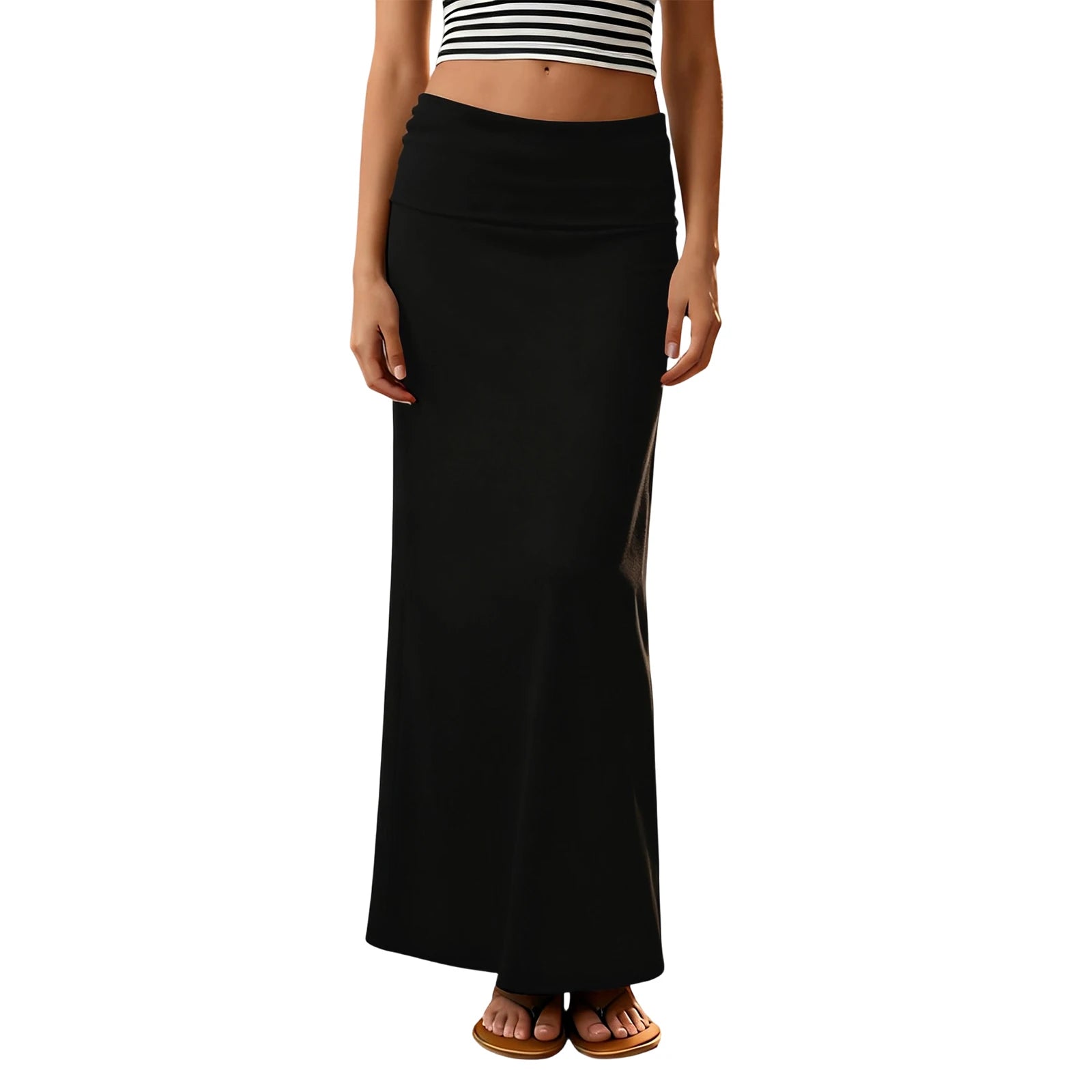 Women Long Straight Skirt Simple Solid Color Foldover Low Rise Casual Bodycon Skirt for Daily Office Party Y2K Streetwear