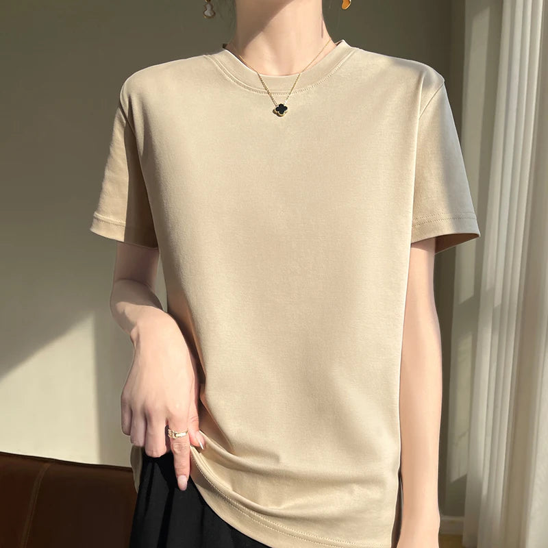 High-End Cool Mercerized Cotton Short-Sleeved T-shirt Women's Solid Color Half Sleeve Bottoming T-Shirt Top