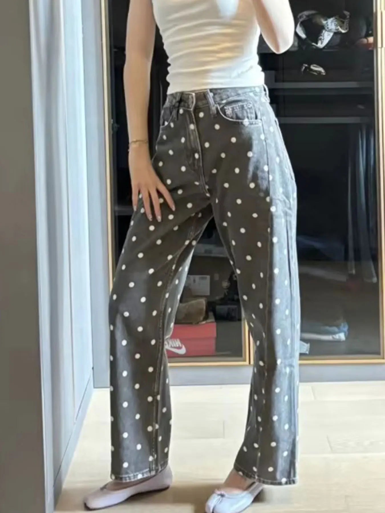 HH Women Fashion Polka Dot Grey Jeans High Waist Straight Denim Pants Spring Autumn Woman Casual Street Commuter Chic Trousers